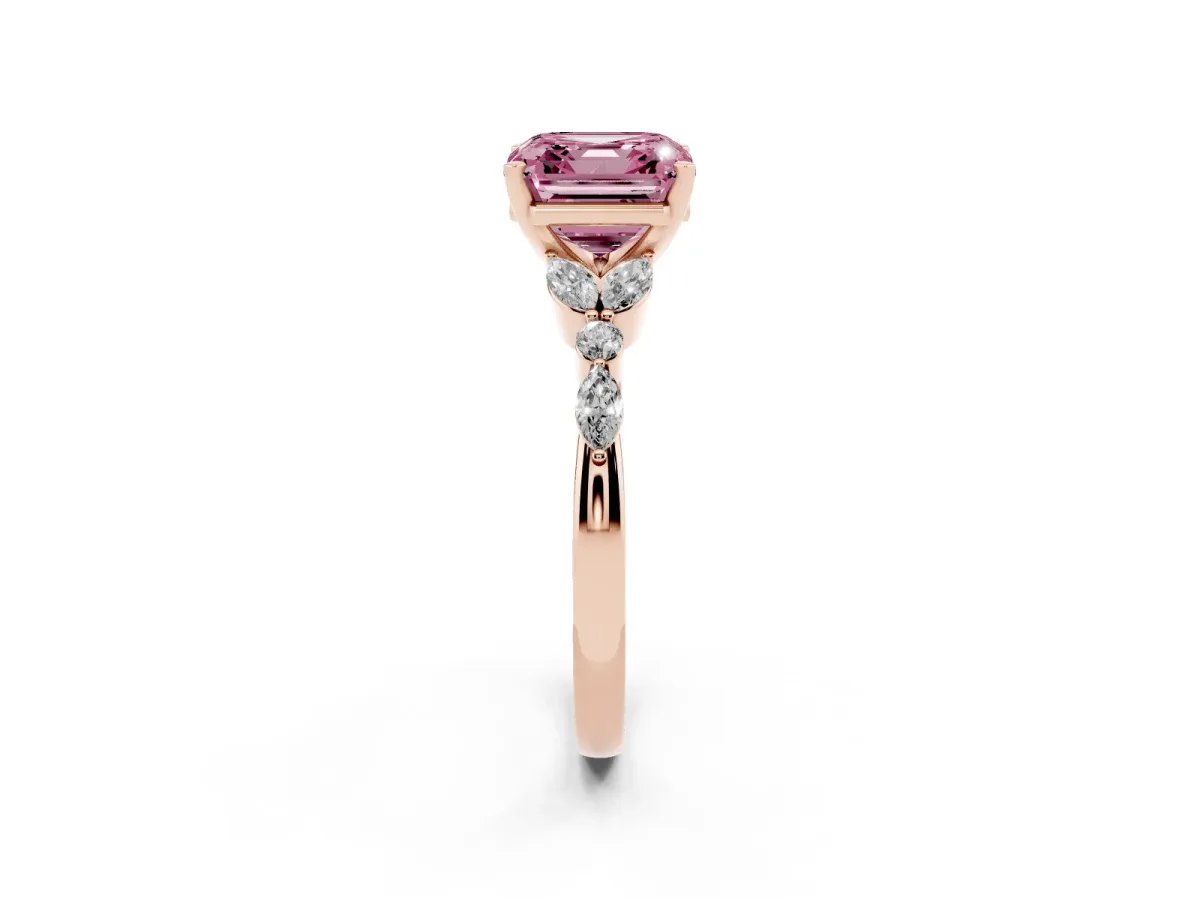 Fancy Pink Asscher Cut Diamond Solitaire Ring with Side Stones and Four-Prong Setting Rose gold