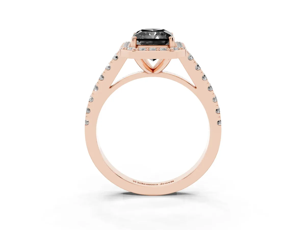 Fancy Black Radiant Cut Diamond Halo Ring with Round Pavé Split Shank and Prong Setting Rose gold