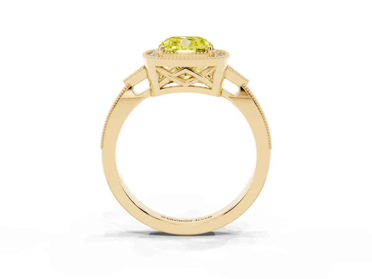 Fancy Yellow Cushion Cut Halo Round Diamond Milgrain Pave Engagement Ring Yellow gold