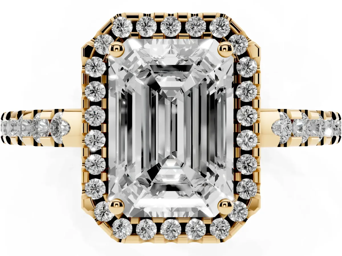 Emerald Cut Diamond Halo Engagement Ring with Pavé Band and Prong Setting Yellow gold