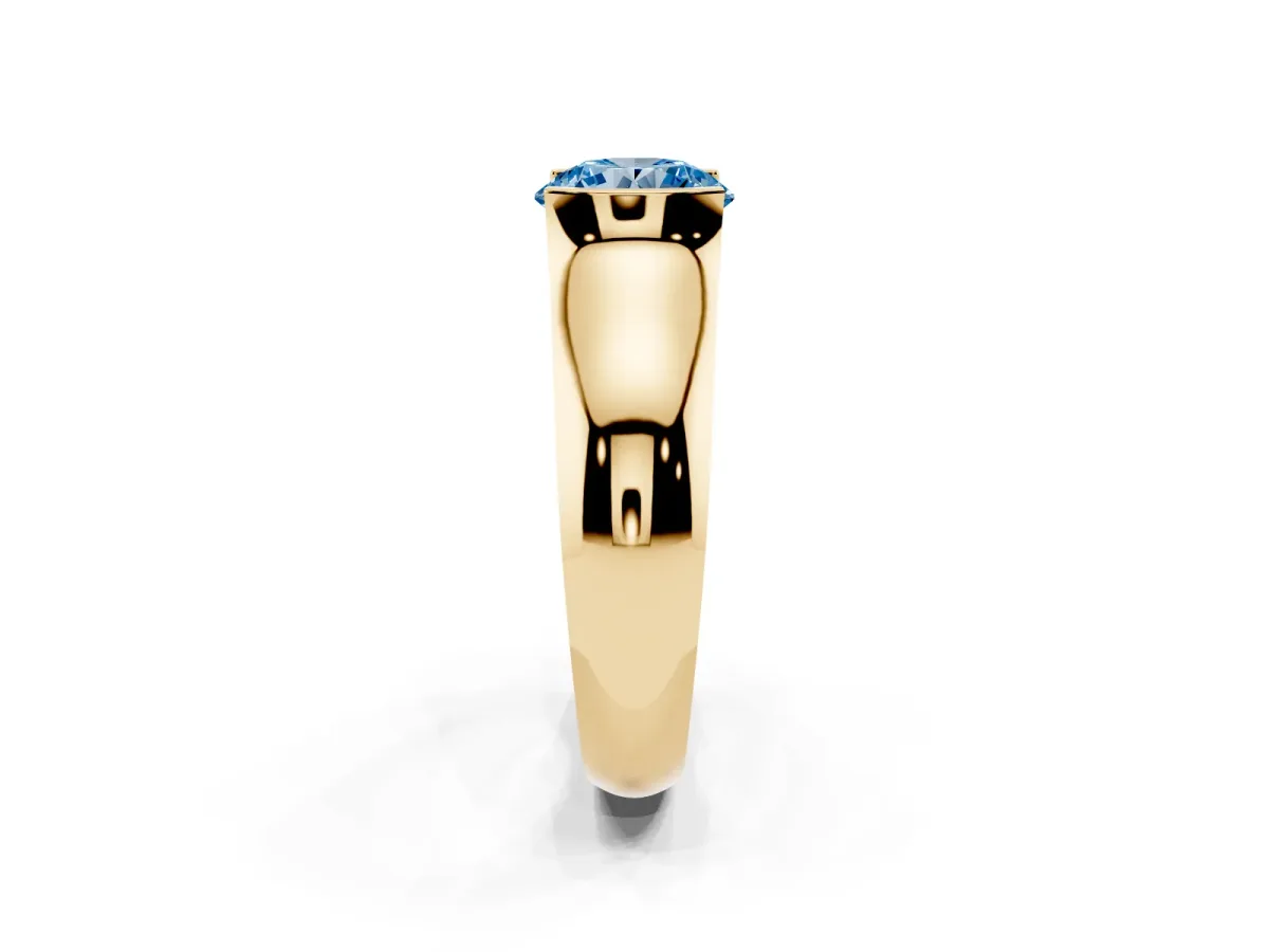 Fancy Blue Round Cut Solitaire Bezel Set Diamond Ring with Wide Band Yellow gold