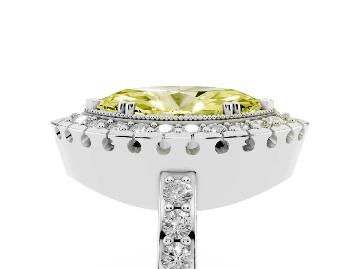 Fancy Yellow Marquise Cut Diamond Halo Ring with Pavé Band and Prong Setting White gold