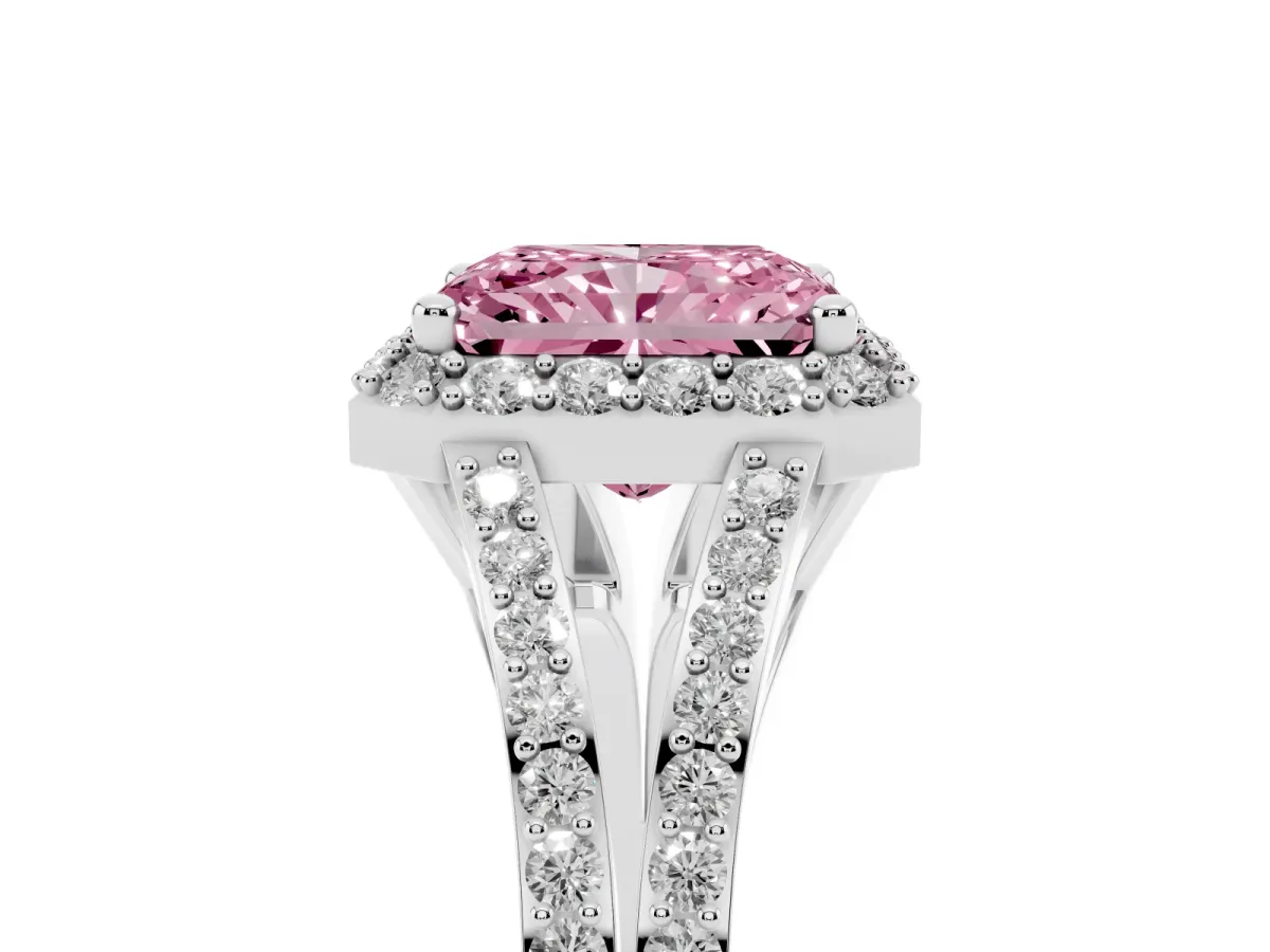 Fancy Pink Radiant Cut Halo Split Shank Pave Diamond Ring with Four-Prong Setting Silver