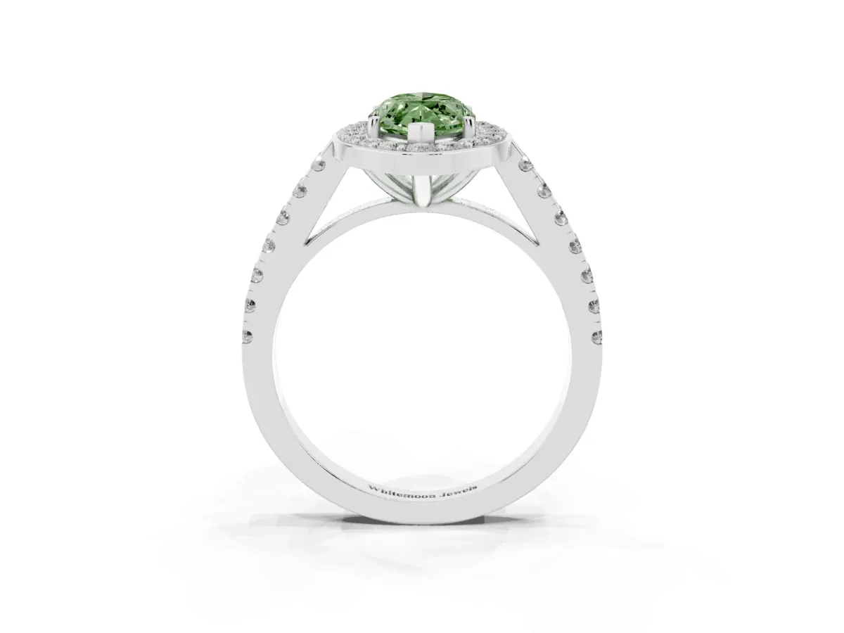 Fancy Green Marquise Cut Diamond Halo Ring with Round Pavé Split Shank and Prong Setting Silver