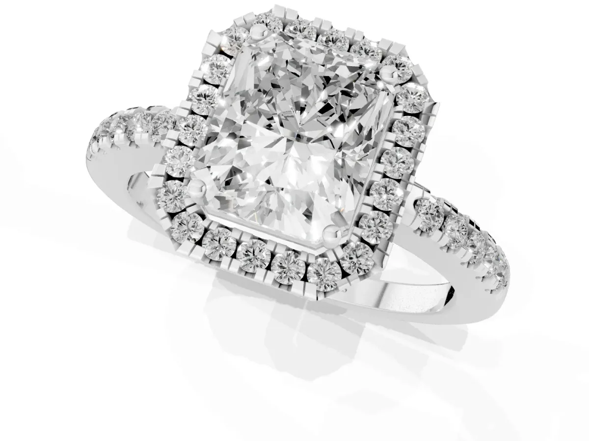 Radiant Cut Halo Diamond Engagement Ring with Pavé Band and Four-Prong Setting Silver
