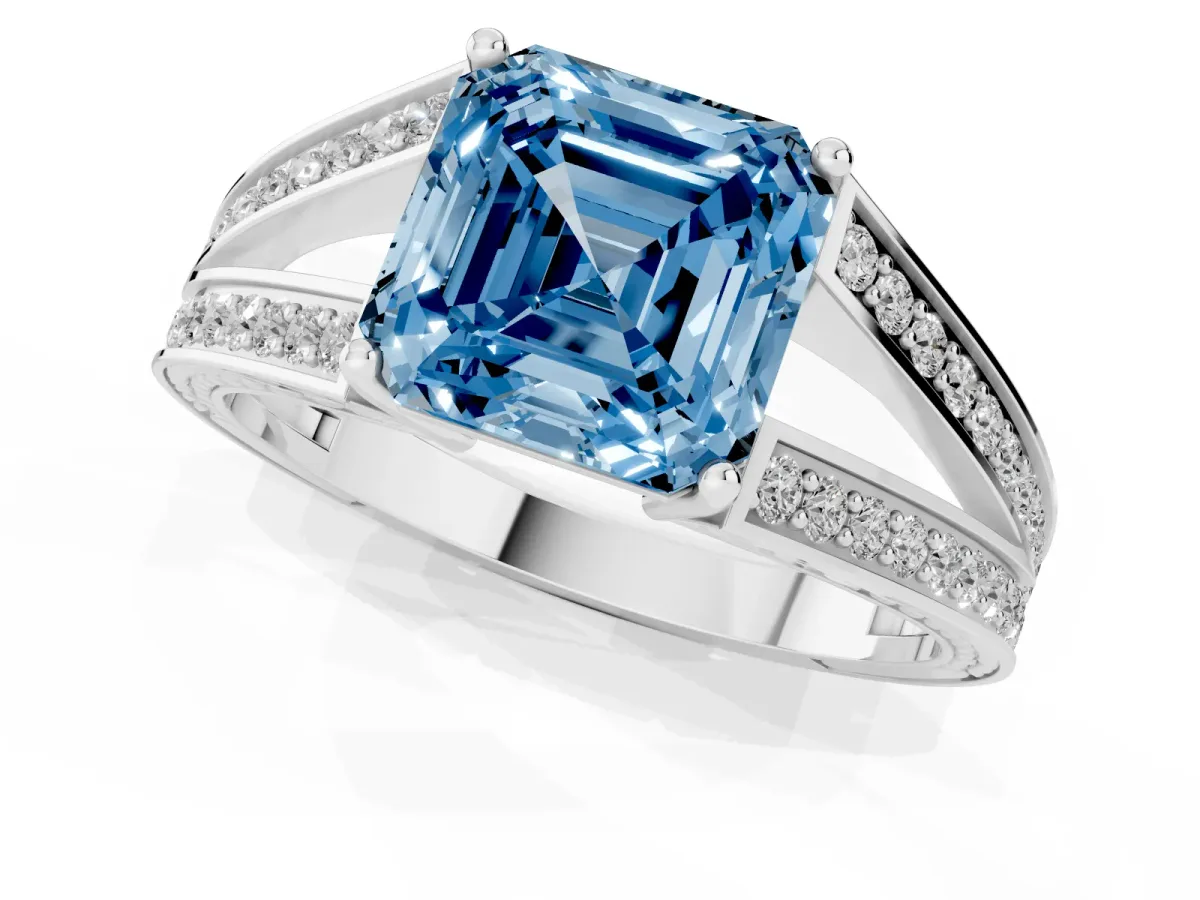 Fancy Blue Asscher Cut Diamond Split Shank Ring with Pavé Band and Four-Prong Setting White gold
