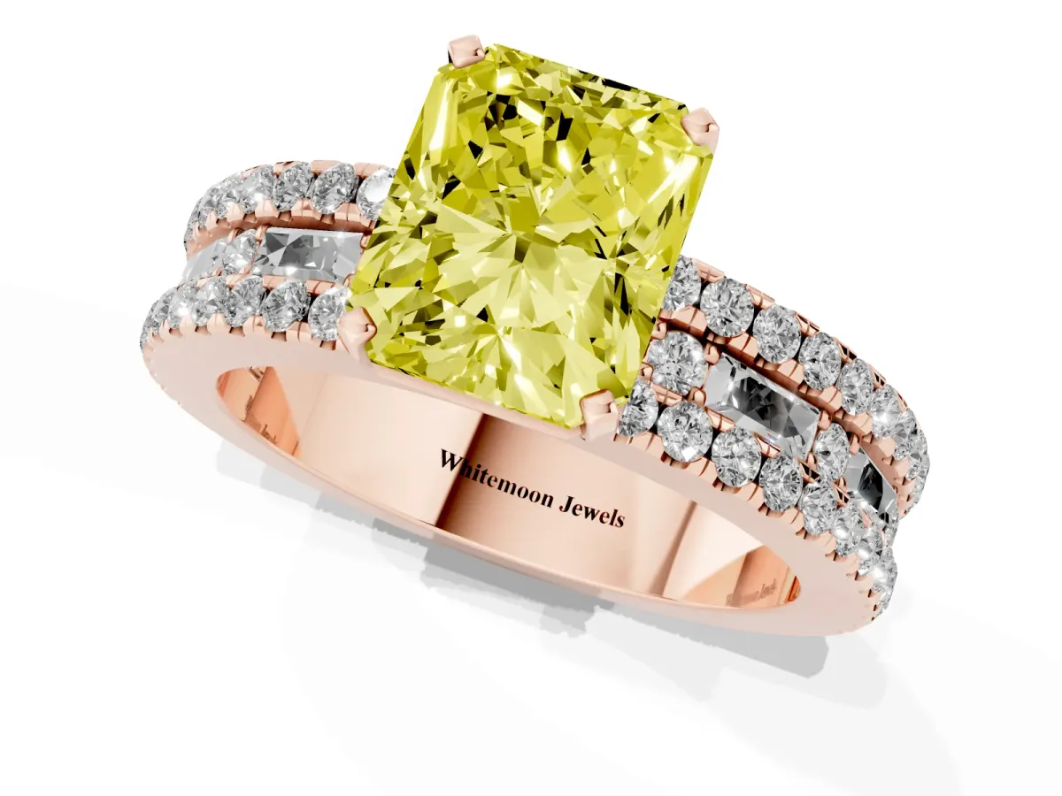 Fancy Yellow Radiant Cut Diamond Solitaire Ring with Pavé and Channel Set Band Rose gold