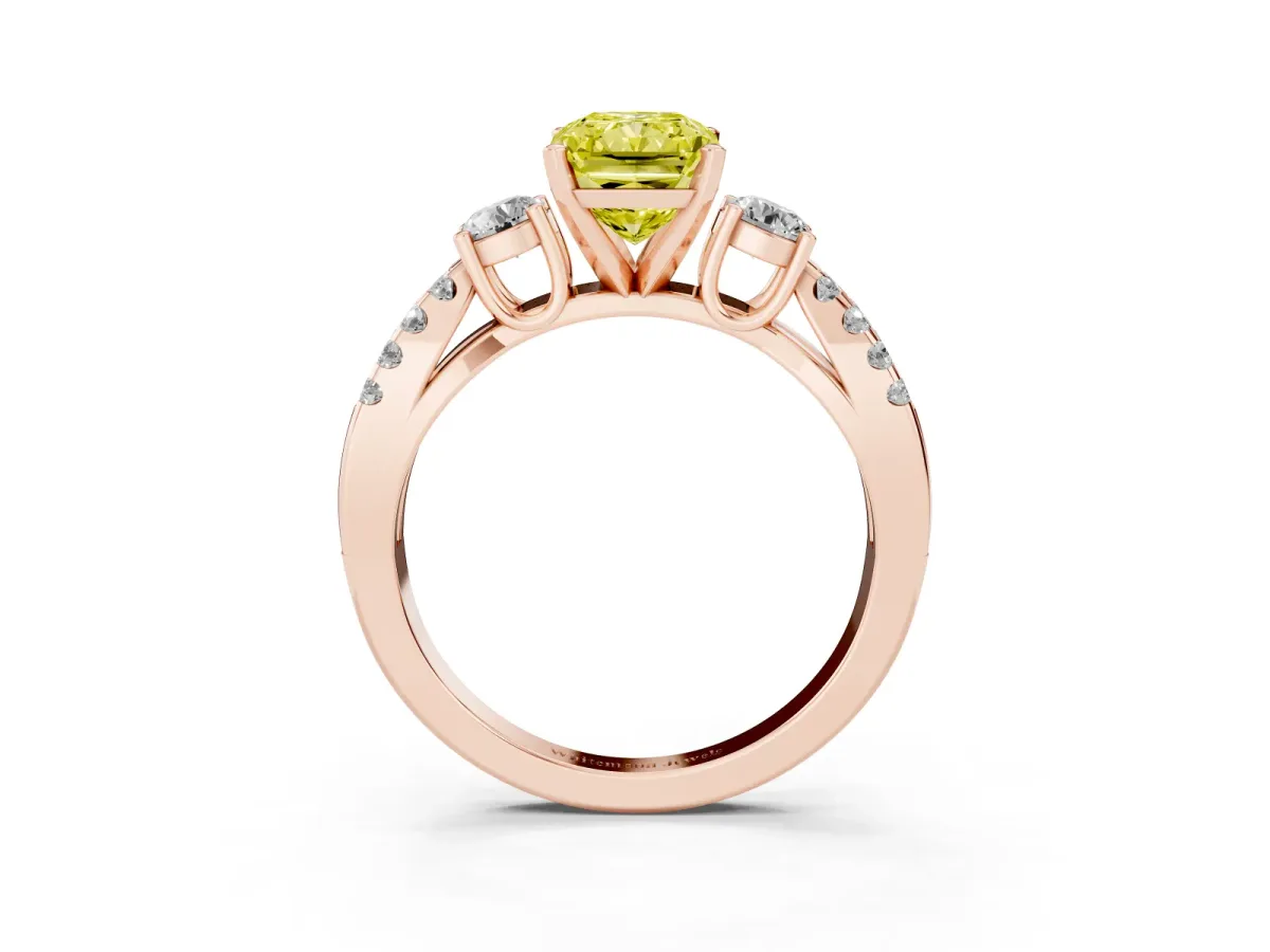 Fancy Yellow Radiant Cut Diamond Three-Stone Ring with Pavé Split Shank and Four-Prong Setting Rose gold