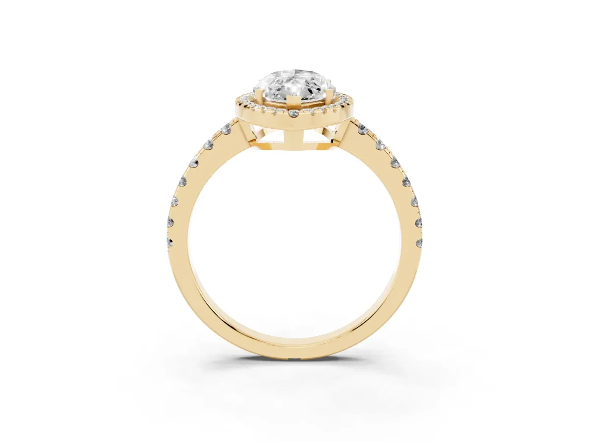 Marquise Cut Diamond Halo Ring with Pavé Band and Four-Prong Setting Yellow gold