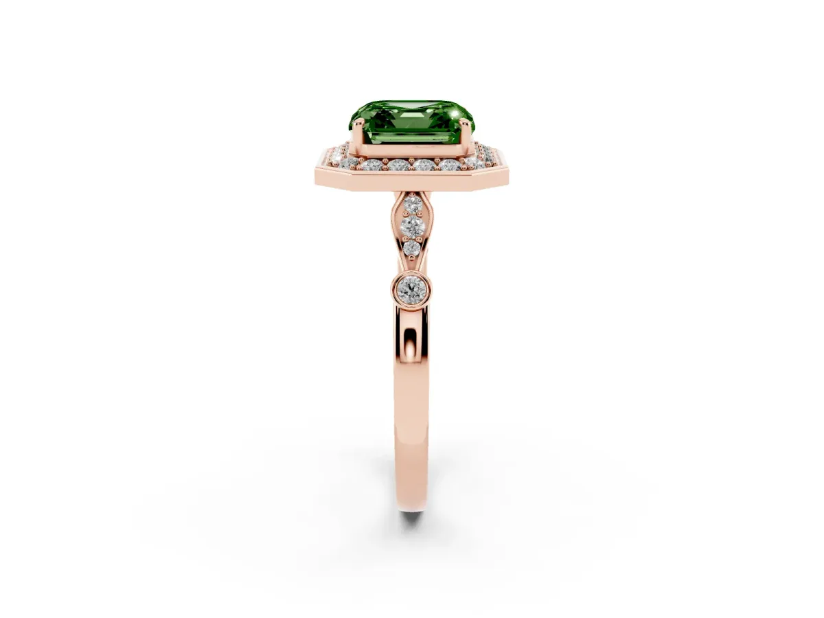 Fancy Green Asscher Cut Halo Diamond Engagement Ring with Twisted Band and Four-Prong Setting Rose gold