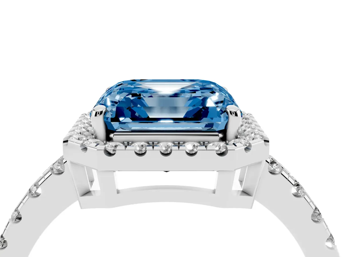 Fancy Blue Asscher Cut Diamond Halo Ring with Pavé Band and Four-Prong Setting Platinum