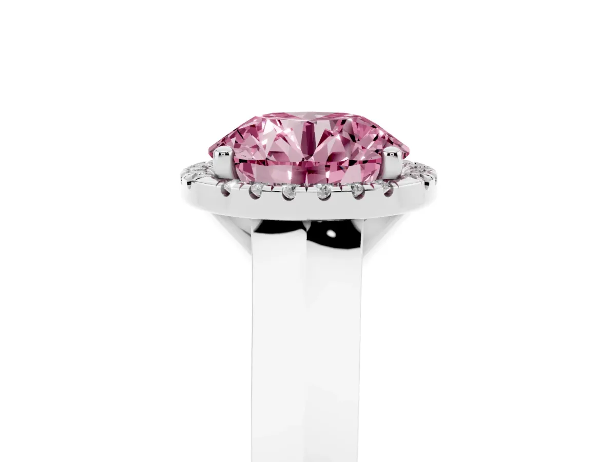 Fancy Pink Round Cut Halo Diamond Ring with Cathedral Band and Four-Prong Setting White gold