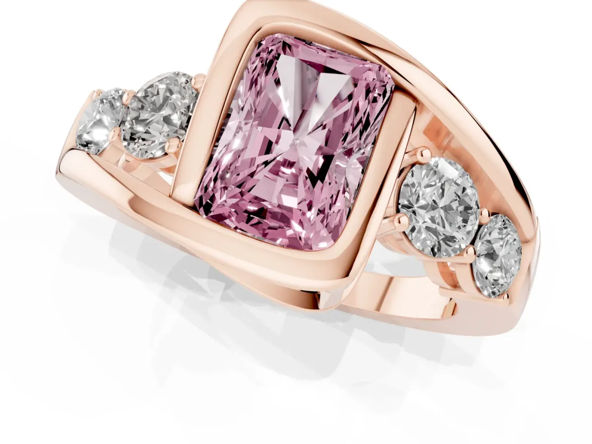 Fancy Pink Bezel Set Radiant Cut Diamond Bypass Ring with Round Accents Rose gold