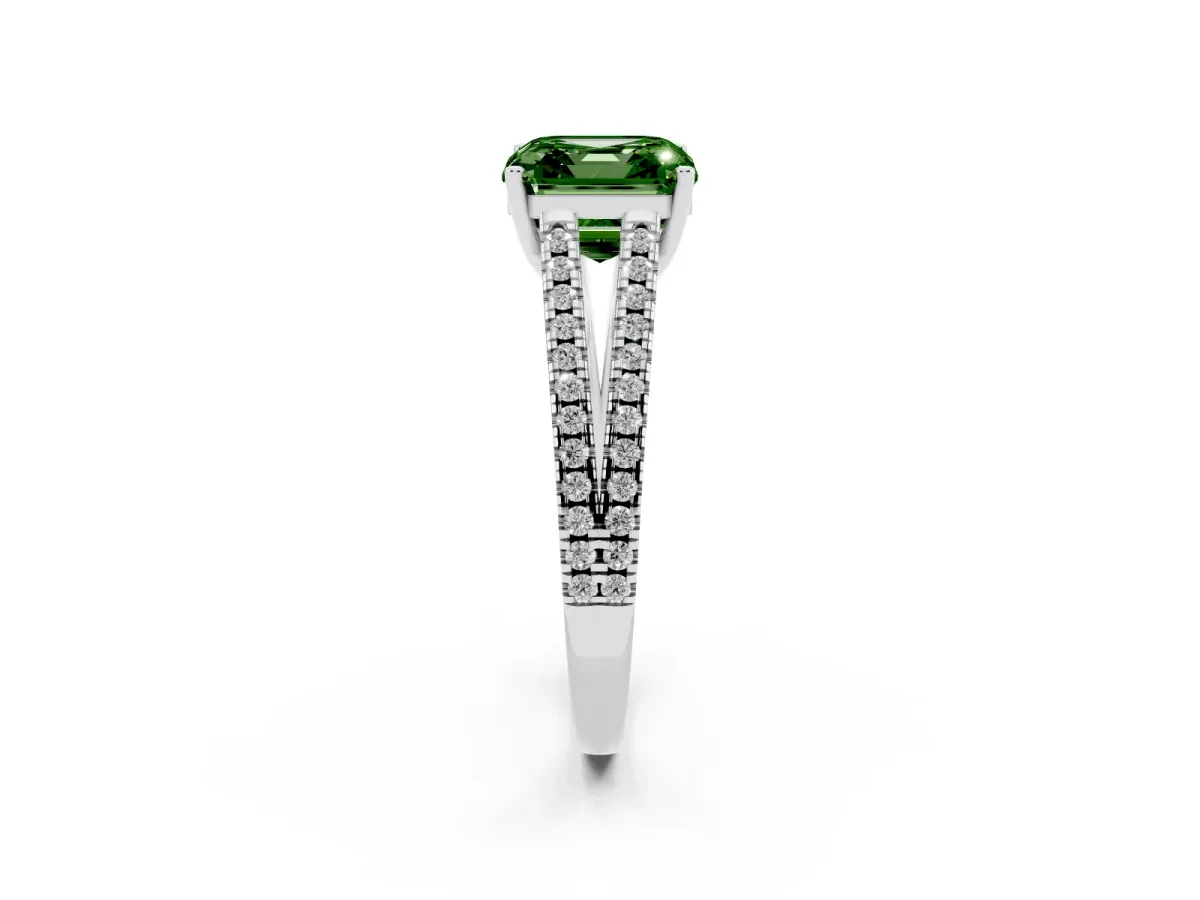 Fancy Green Asscher Cut Diamond Solitaire Engagement Ring with Split Shank Pavé Band Silver