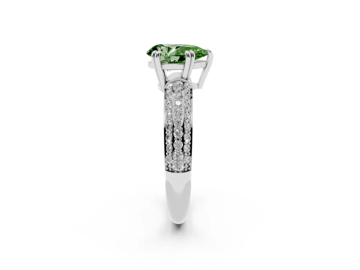 Fancy Green Pear Cut Diamond Solitaire Ring with Multi-Row Round Pavé Band and Prong Setting Silver