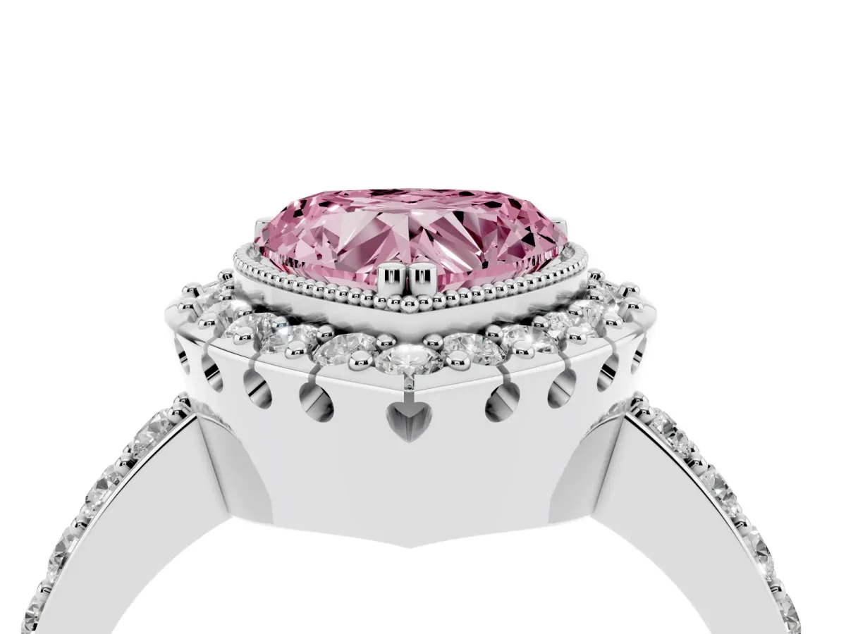 Fancy Pink Heart Cut Diamond Halo Ring with Pavé Band and Prong Setting White gold