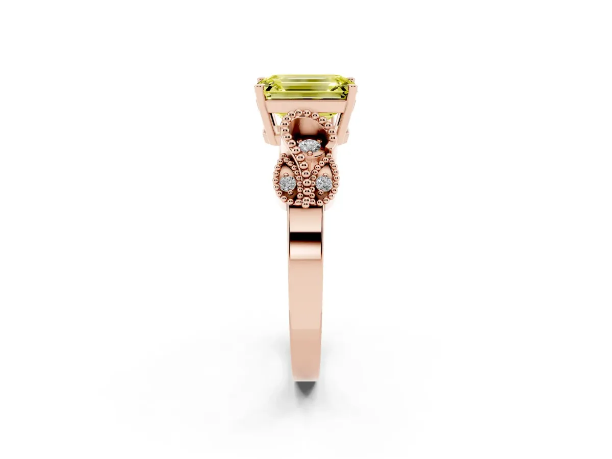Fancy Yellow Emerald Cut Solitaire Milgrain Leaf Band with Prong Setting Rose gold