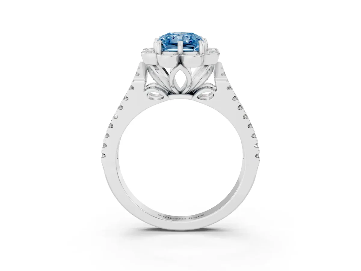 Fancy Blue Radiant Cut Halo Diamond Floral Split Shank Engagement Ring Silver