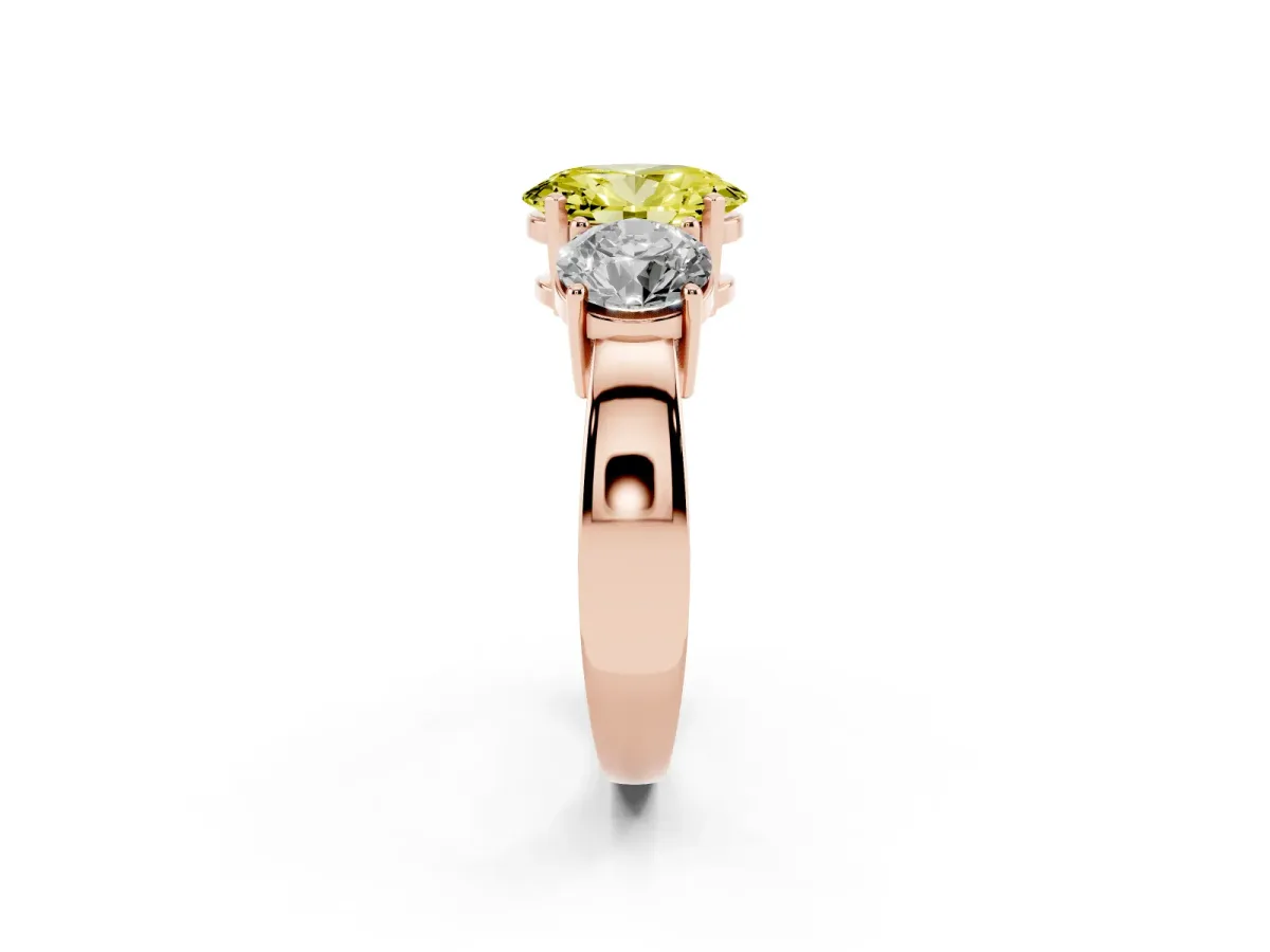 Fancy Yellow Three-Stone Oval Cut Diamond Ring with Round Side Stones, Classic Band, and Four-Prong Setting Rose gold