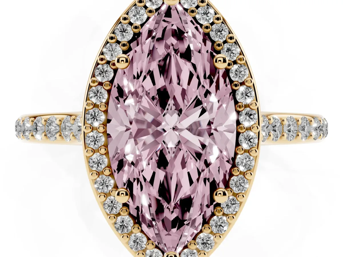 Fancy Pink Marquise Cut Diamond Halo Engagement Ring with Round Pavé Shoulders and Prong Setting Yellow gold