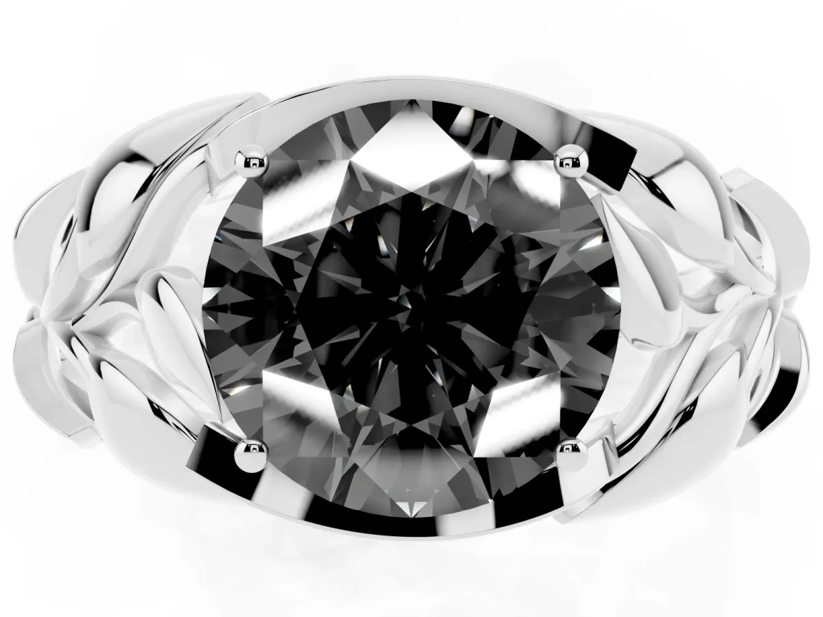 Fancy Black Round Cut Diamond Leaf-Inspired Engagement Ring with Round Accents and Prong Setting Silver