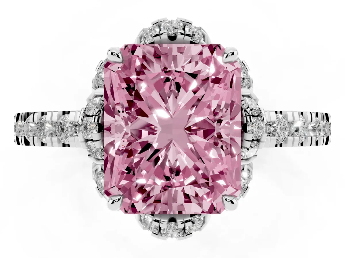 Fancy Pink Radiant Cut Halo Diamond Pave Band Ring with Four-Prong Setting Silver