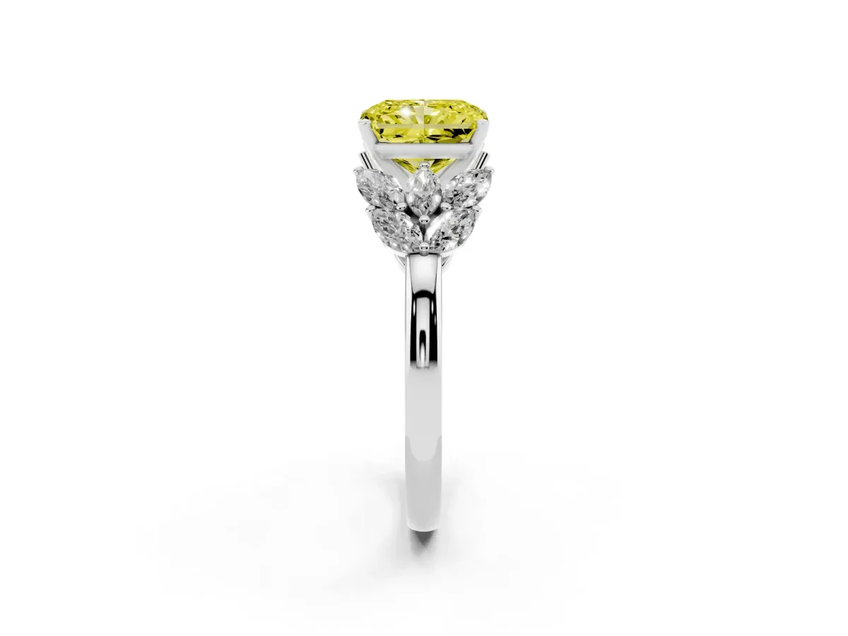 Fancy Yellow Radiant Cut Diamond Cluster Leaf Design Ring with Prong Setting Silver