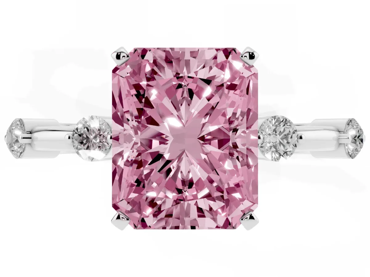 Fancy Pink Radiant Cut Solitaire Diamond Ring with Bezel Set Side Stones and Prong Setting Silver