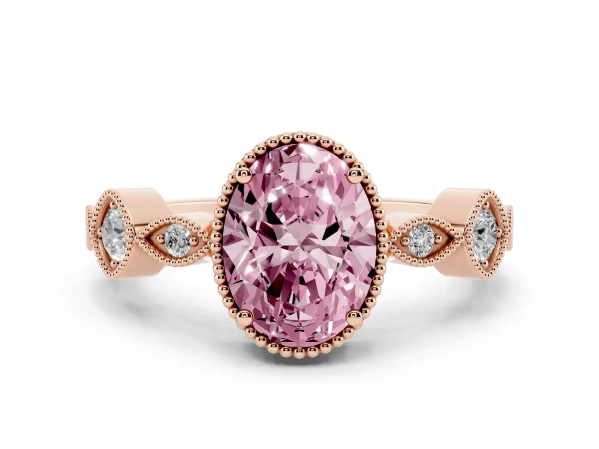 Fancy Pink Oval Cut Diamond Vintage Milgrain Ring with Round Stations Rose gold