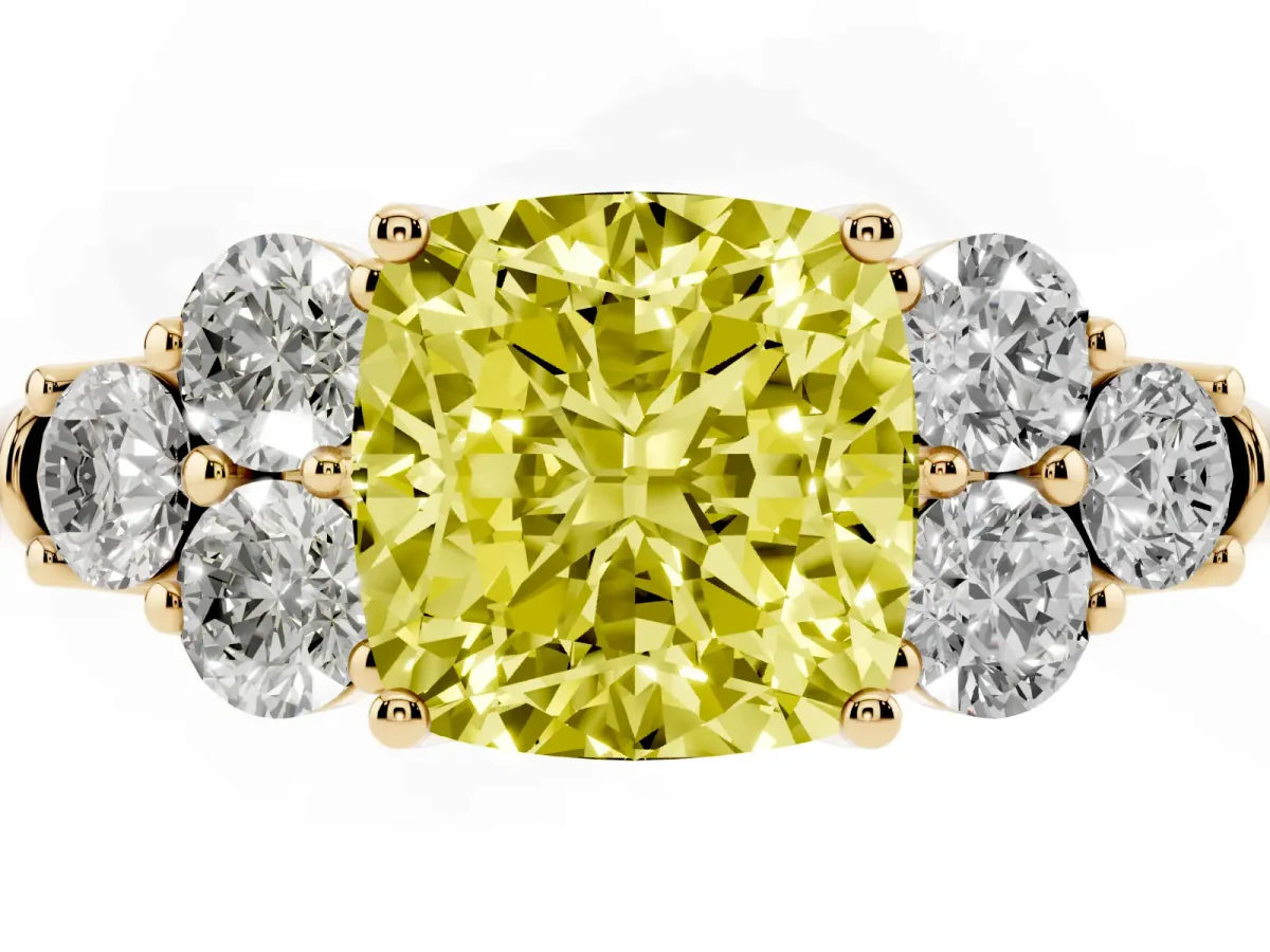 Fancy Yellow Cushion Cut Cut Diamond Cluster Ring with Round Accent Stones and Prong Setting on a Classic Band Yellow gold