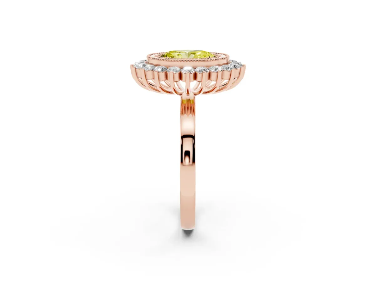 Fancy Yellow Oval Cut Halo Diamond Ring with Milgrain Edge and Round Prong Setting Rose gold
