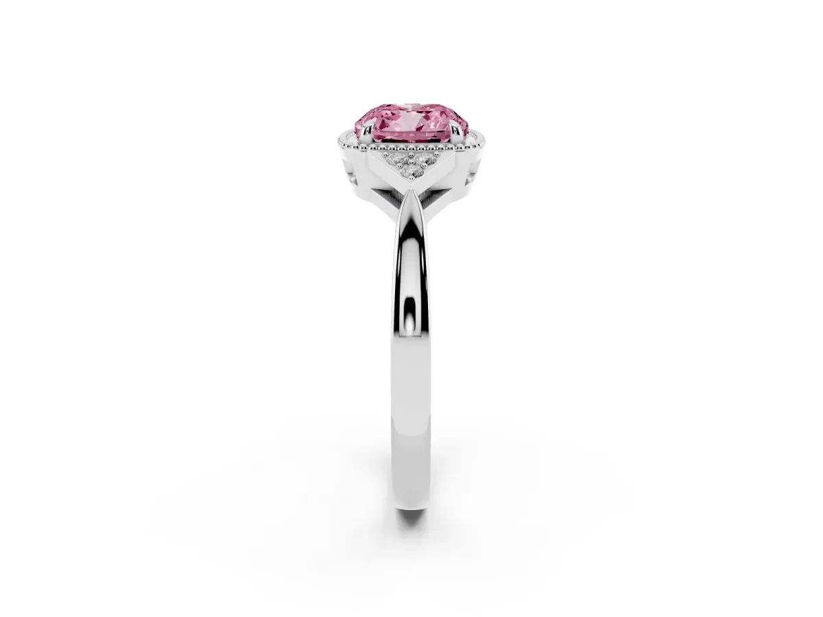 Fancy Pink Cushion Cut Diamond Halo Ring with Tapered Band and Four-Prong Setting White gold