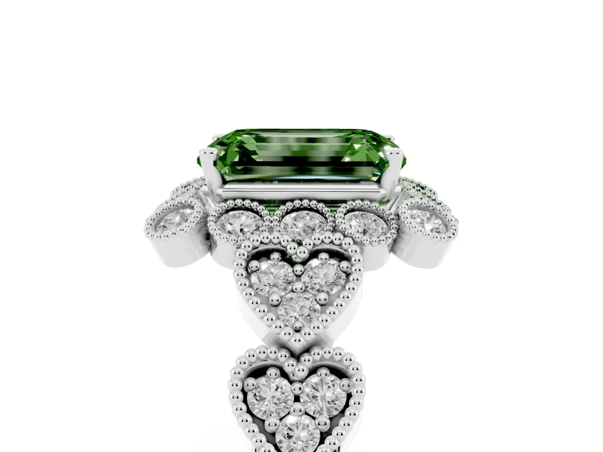 Fancy Green Emerald Cut Brilliant Milgrain Pave Heart Band Solitaire Ring Silver