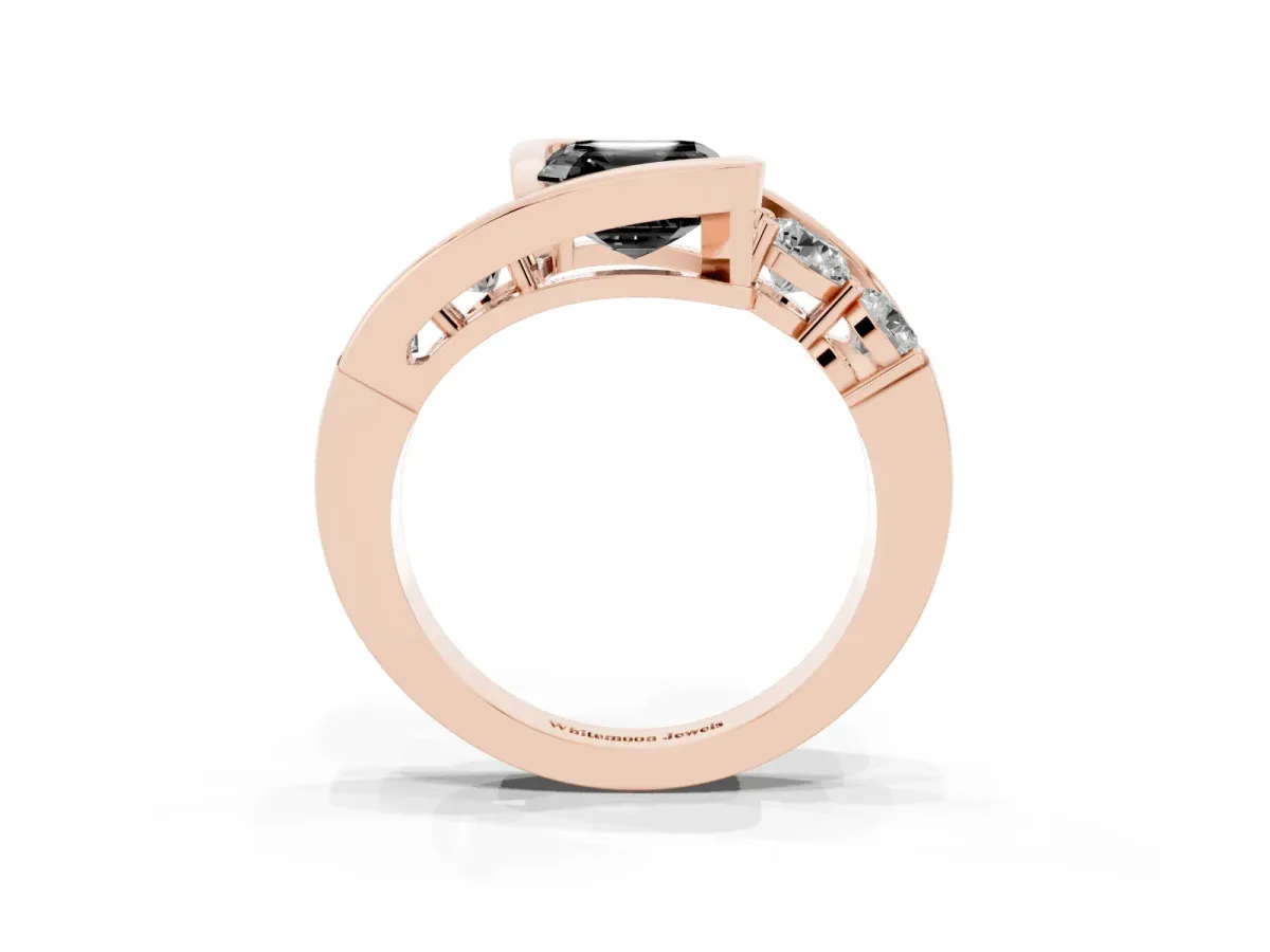 Fancy Black Bezel Set Asscher Cut Diamond Bypass Ring with Round Accents Rose gold