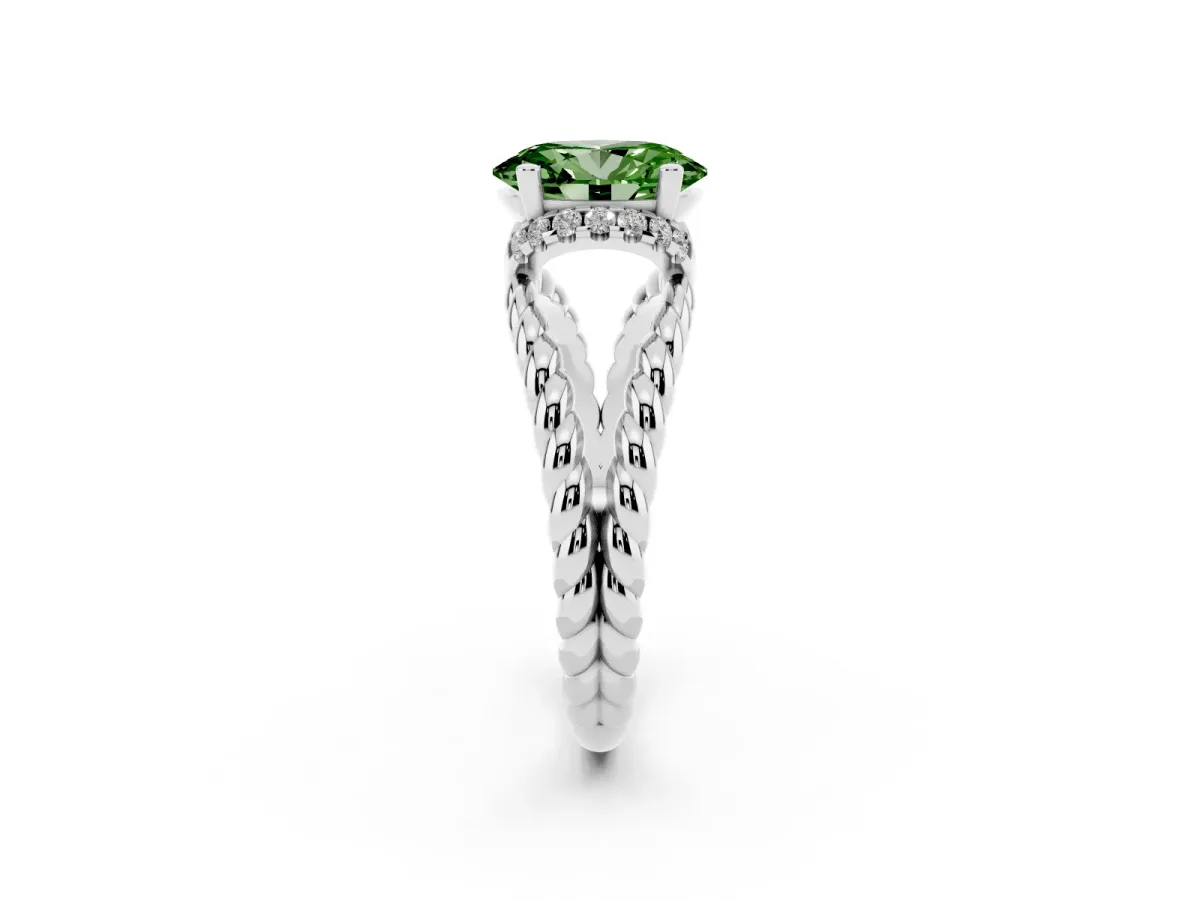 Fancy Green Oval Cut Halo Twisted Band Four-Prong Ring Silver