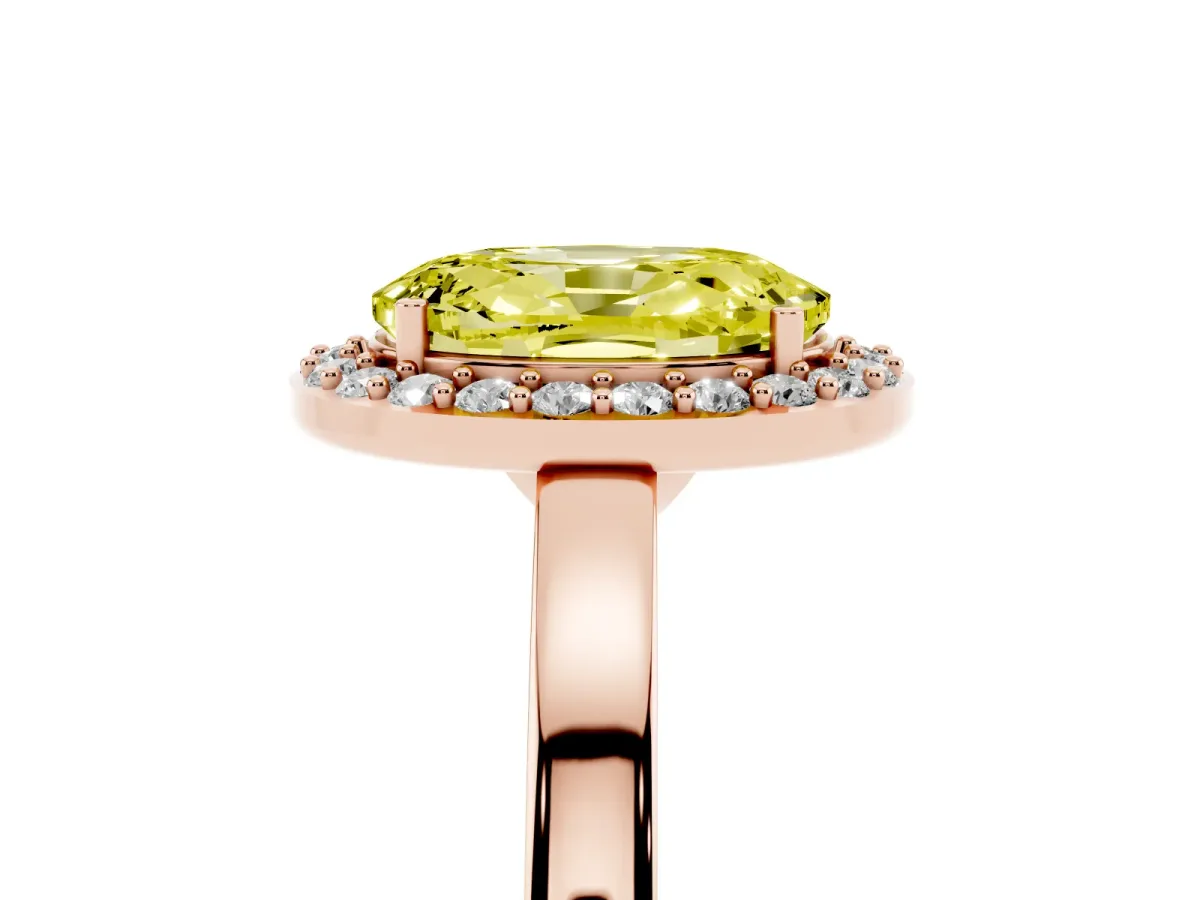Fancy Yellow Oval Cut Halo Diamond Ring with Solitaire Band and Prong Setting Rose gold