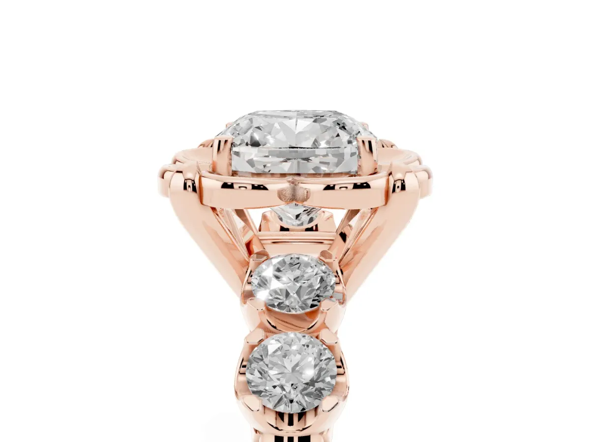 Cushion Cut Cut Diamond Floral Halo Engagement Ring with Shared Prong Setting Rose gold