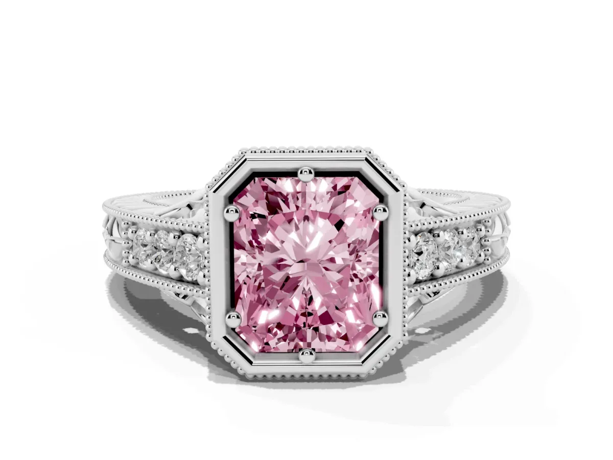 Fancy Pink Bezel Set Radiant Cut Diamond Milgrain Pave Engagement Ring Silver