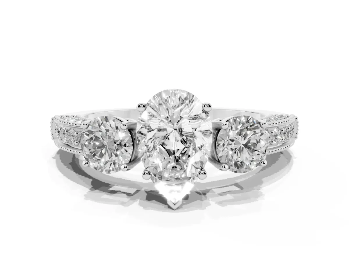 Pear Cut Three-Stone Diamond Ring with Pavé Band and Four-Prong Setting Silver