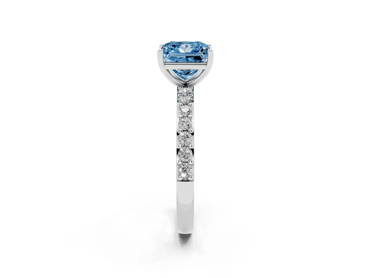 Fancy Blue Princess Cut Cut Diamond Solitaire with Pave Band and Four-Prong Setting Platinum