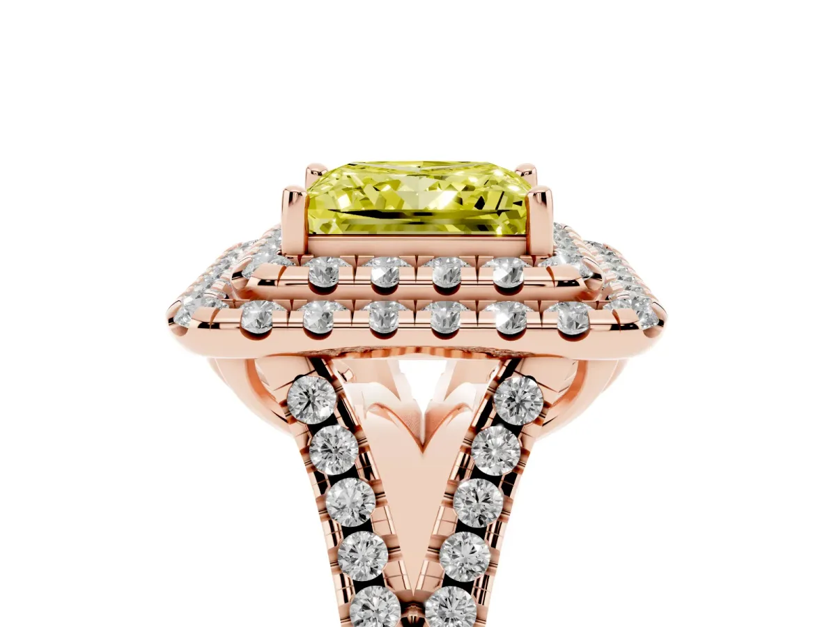 Fancy Yellow Double Halo Princess Cut Diamond Pavé Split Shank Ring with Prong Setting Rose gold