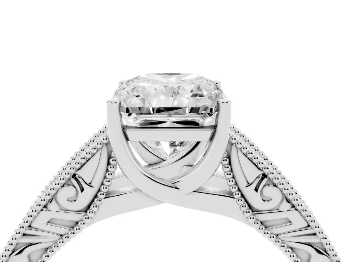 Radiant Cut Diamond Solitaire Ring with Engraved Band and Four-Prong Setting Platinum