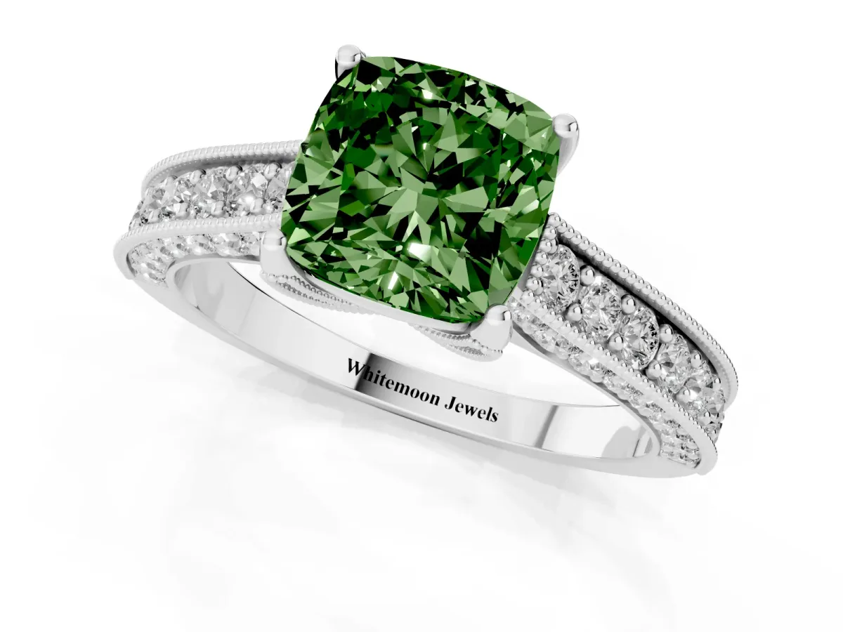 Fancy Green Cushion Cut Cut Diamond Solitaire Ring with Milgrain Pave Band and Four Prong Setting Silver