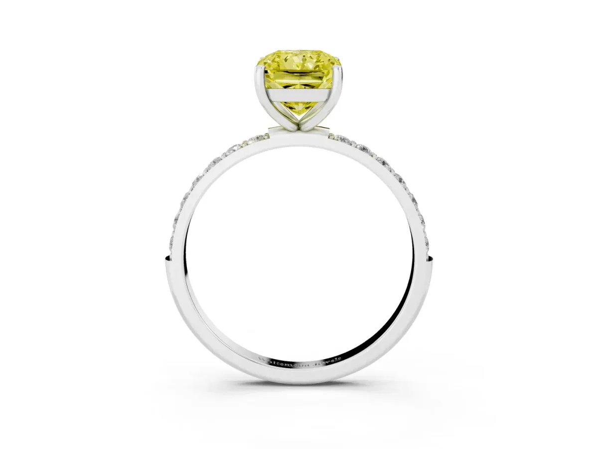 Fancy Yellow Radiant Cut Diamond Solitaire Ring with Round Pavé Shoulders and Prong Setting Silver