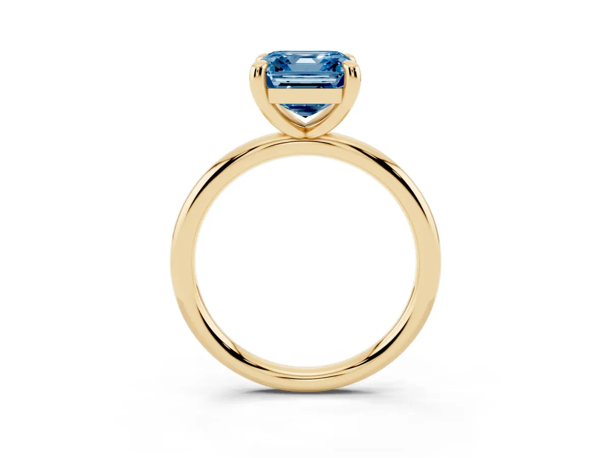 Fancy Blue Asscher Cut Solitaire Diamond Ring with Four-Prong Setting on a Plain Band Yellow gold