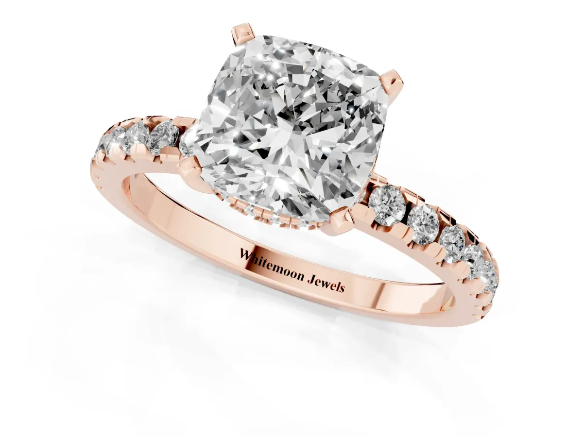 Cushion Cut Diamond Solitaire Ring with Round Pavé Band and Four-Prong Setting Rose gold