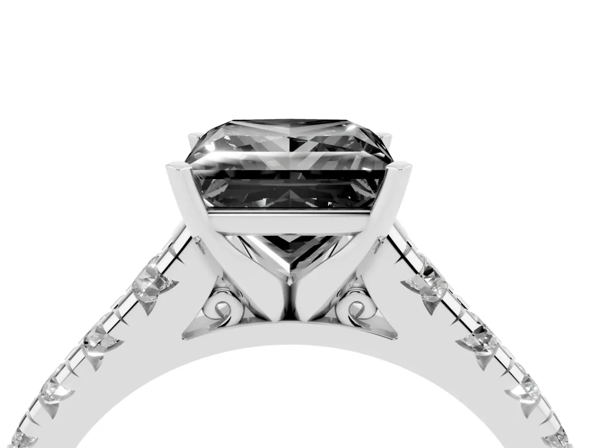 Fancy Black Princess Cut Diamond Cathedral Solitaire Ring with Round Pavé Band Silver