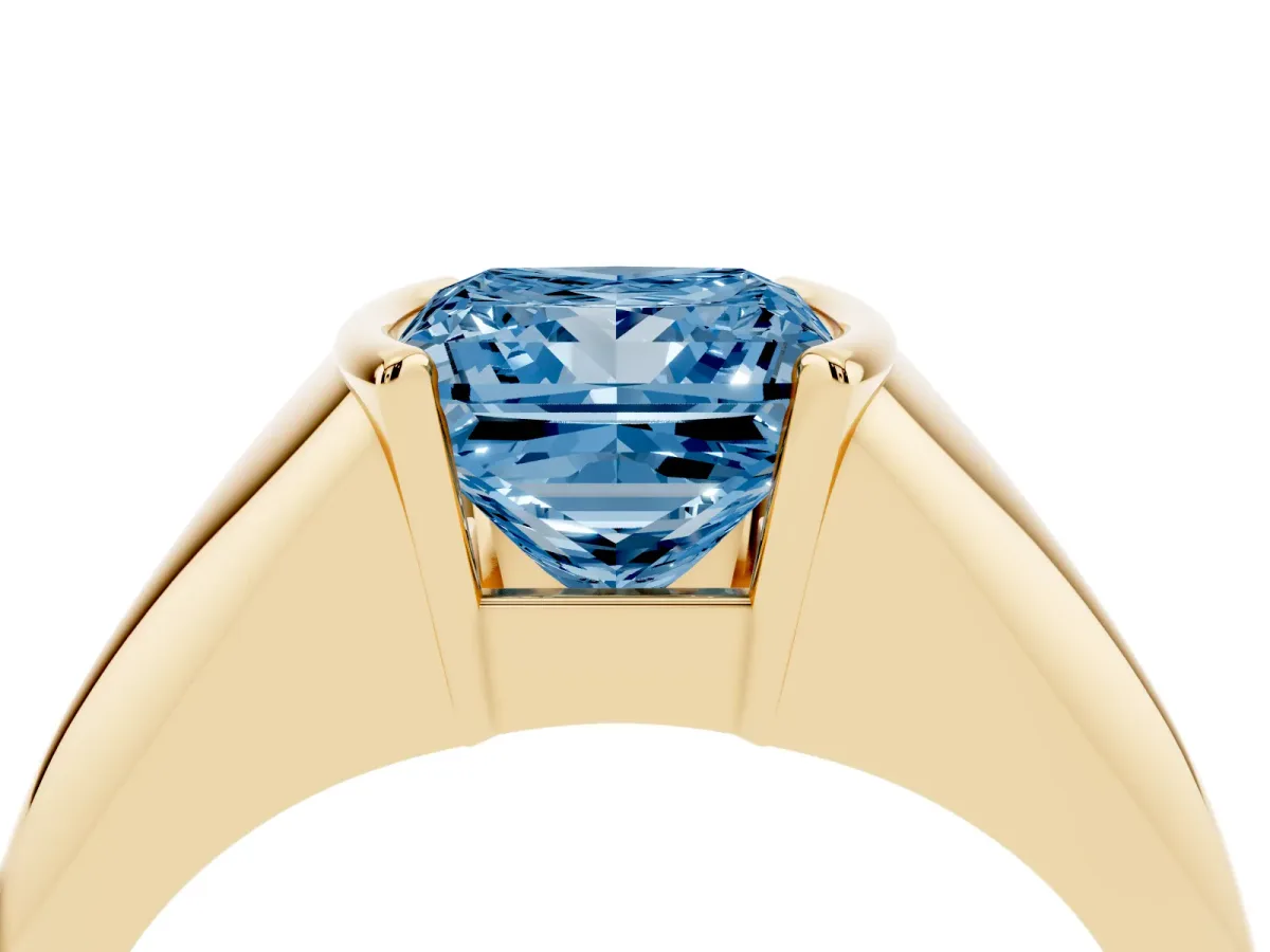 Fancy Blue Princess Cut Solitaire Tension Set Diamond Ring Yellow gold
