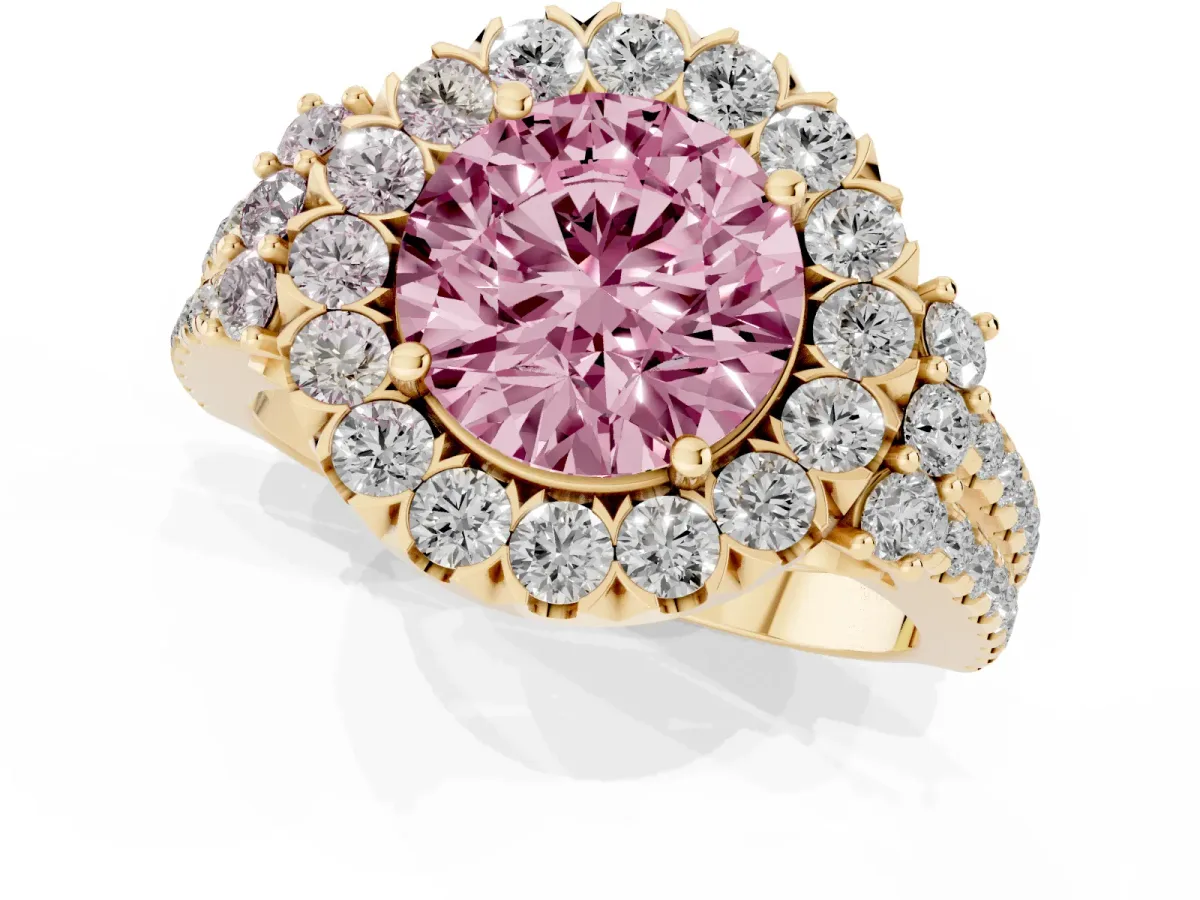 Fancy Pink Round Cut Cut Double Halo Diamond Engagement Ring with Pave Band and Four-Prong Setting Yellow gold