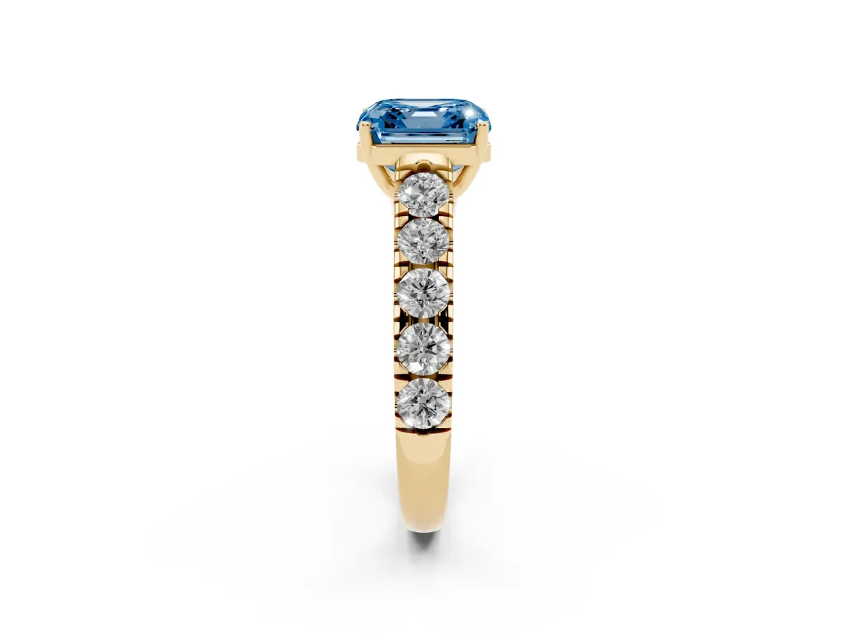 Fancy Blue Asscher Cut Cut Diamond Solitaire Ring with Micro Pave Band and Prong Setting Yellow gold